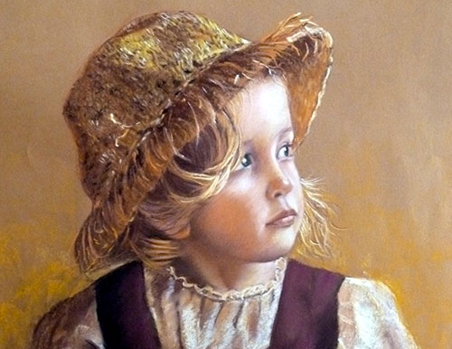 pastel d'un enfant au chapeau de paille