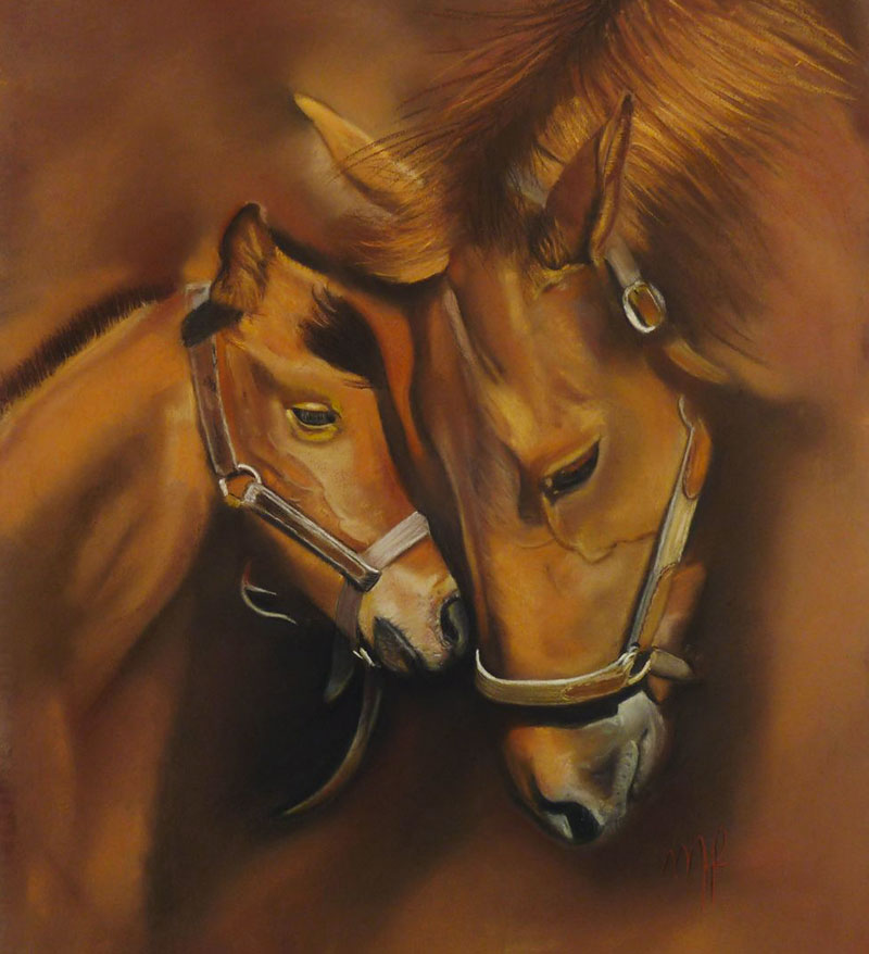 pastel d'un cheval et son poulain