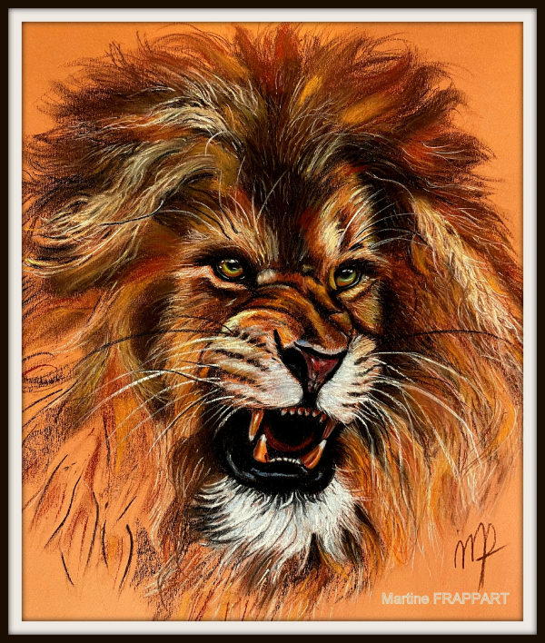 pastel portrait d'un lion rugissant