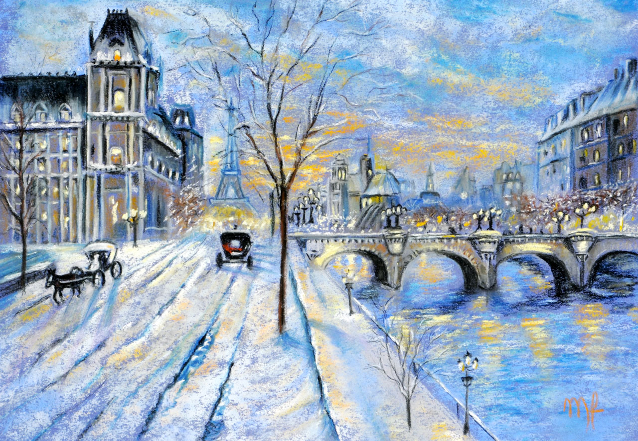 pastel de Paris sous la neige
